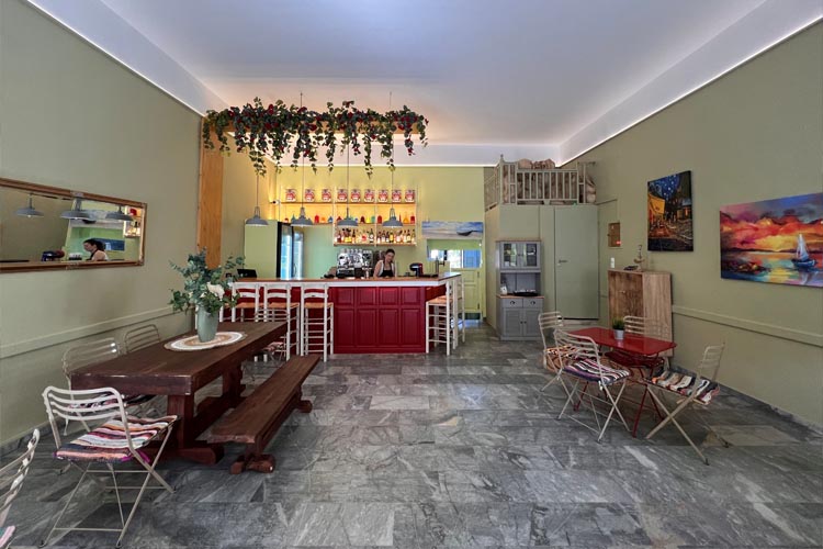 Cosy interior of Aloni Cafe in Kardamili, Greece